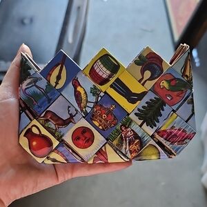 Handmade Folded Paper Basket with Colorful Lotería Wallet
